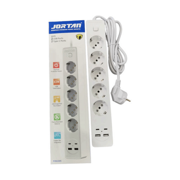 Πολύπριζο 5 Θέσεων με 2 USB-A, USB-C, Διακόπτη και Καλώδιο Jortan RL-QT-5 (2m)