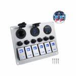 Αδιάβροχος Μεταλλικός Πίνακας Σκάφους - Αυτοκινήτου - Φορτηγού 12V - 24V με 6 Διακόπτες 2 x Θύρες USB - Υποδοχή Αναπτήρα και Βολτόμετρο με Μπλε Φωτισμό