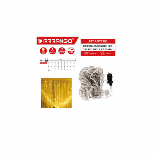 Χριστουγεννιάτικα Λαμπάκια Κουρτίνα με 240LED Αδιάβροχο IP44, Θερμό Λευκό και 8 Προγράμματα Arrango AN77395