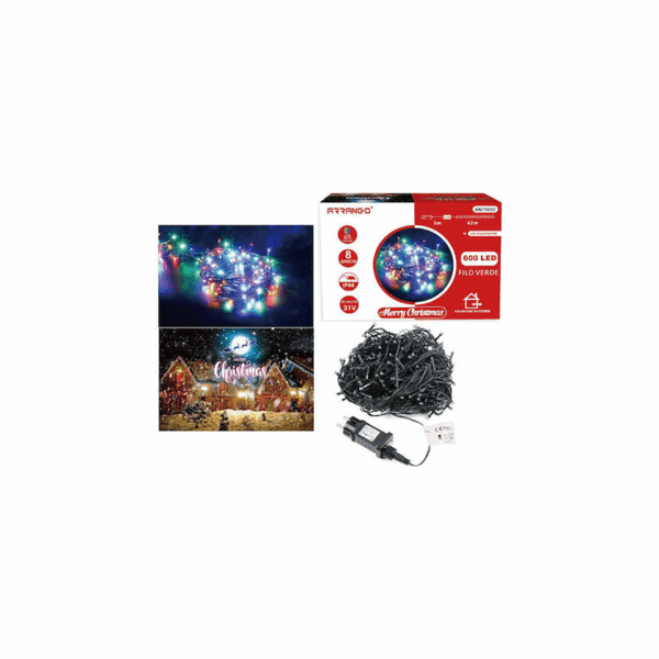Χριστουγεννιάτικα Λαμπάκια Πολύχρωμα LED 45m Αδιάβροχα Με Πράσινο Καλώδιο 600 Τεμαχια Arrango AN79650 35571975
