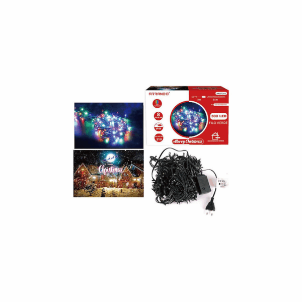 300 Χριστουγεννιάτικα Λαμπάκια LED Πολύχρωμα 21μ σε Σειρά με Πράσινο Καλώδιο και Προγράμματα Arrango AN57306 32781756