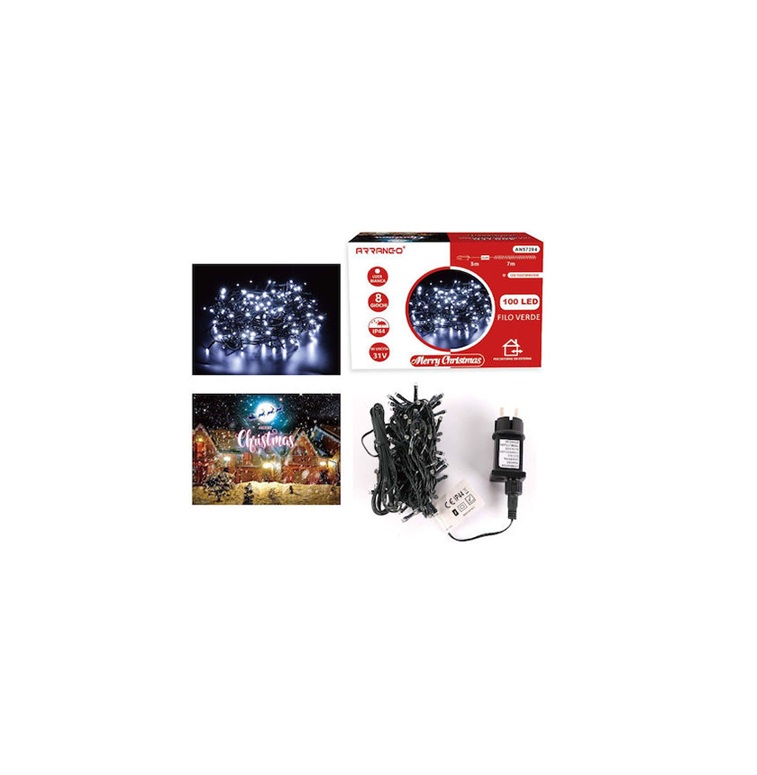 1 100 Χριστουγεννιάτικα Λαμπάκια Ψυχρό Λευκό LED 10μ Αδιάβροχα Με Πράσινο Καλώδιο Arrango AN57294 38595387 - Image 1