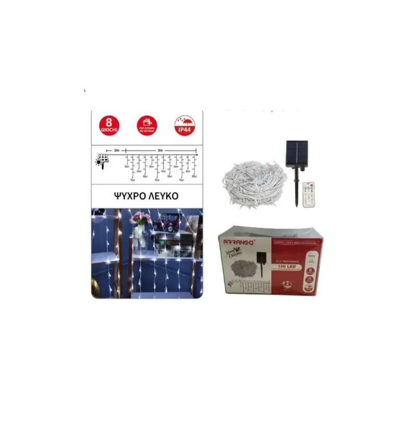 1 100 Ηλιακά Χριστουγεννιάτικα Λαμπάκια LED Βροχή με Πρόγραμμα & Χειριστήριο Ψυχρό Λευκό 3mx30-40-60-70cm IP44 με Διάφανο Καλώδιο Arrango AN48363 - Image 1