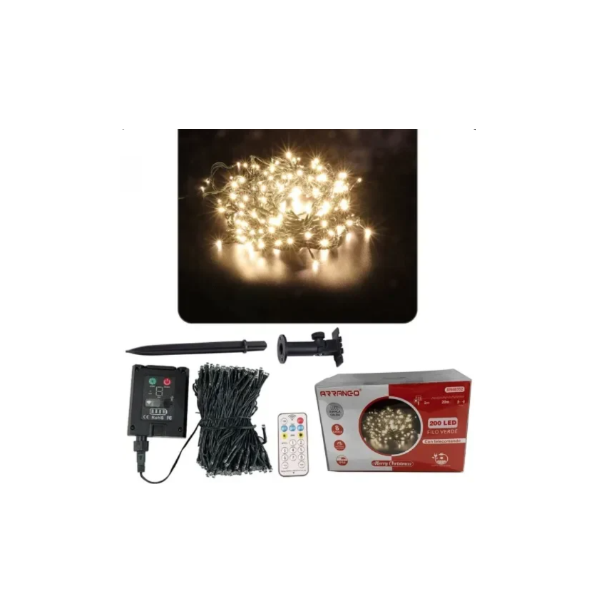 1 Ηλιακά Χριστουγεννιάτικα Λαμπάκια 200LED με Πρόγραμμα & Χειριστήριο Θερμό Λευκό 20m IP44 με Πράσινο Καλώδιο AN48352 ARRANGO - Image 1