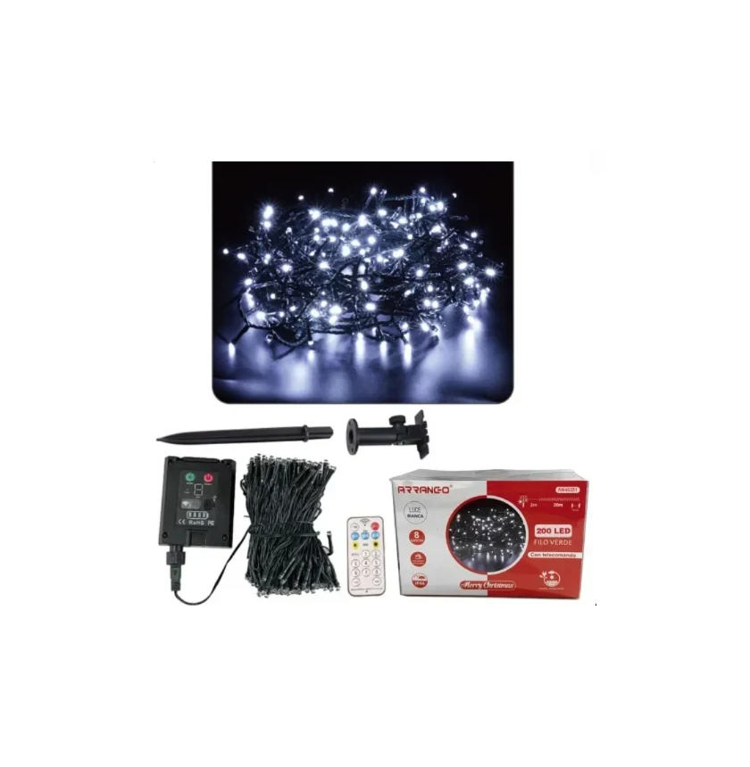 1 200 Ηλιακά Χριστουγεννιάτικα Λαμπάκια LED με Πρόγραμμα & Χειριστήριο Ψυχρό Λευκό 20m IP44 με Πράσινο Καλώδιο Arrango AN48351 - Image 1