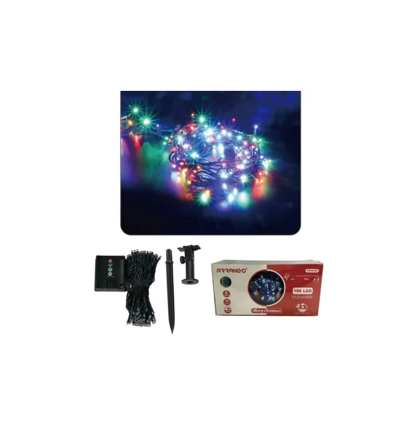 1 100 Ηλιακά Χριστουγεννιάτικα Λαμπάκια LED με Πρόγραμμα RGB 10m IP44 με Πράσινο Καλώδιο Arrango AN48350 - Image 1