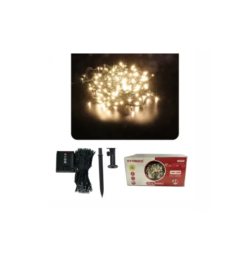 1 100 Ηλιακά Χριστουγεννιάτικα Λαμπάκια LED με Πρόγραμμα Θερμό Λευκό 10m IP44 με Πράσινο Καλώδιο Arrango AN48349 - Image 1
