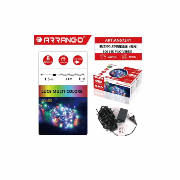 300 Λαμπάκια LED Πολύχρωμα, Σταθερό Φως, Πράσινο Καλώδιο, Για Εσωτερικό Χώρο, Μήκος 1,5 + 21 μ. Arrango AN57241