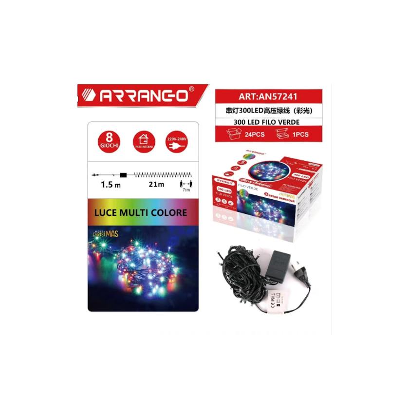 1 300 Λαμπάκια LED Πολύχρωμα, Σταθερό Φως, Πράσινο Καλώδιο, Για Εσωτερικό Χώρο, Μήκος 1,5 + 21 μ. Arrango AN57241 - Image 1